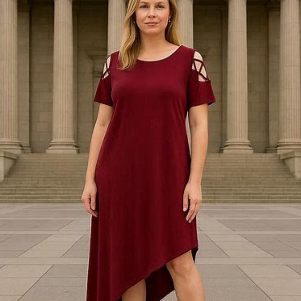 NWT Burgundy Short Lattice Sleeve Asymmetrical Dress size 1X